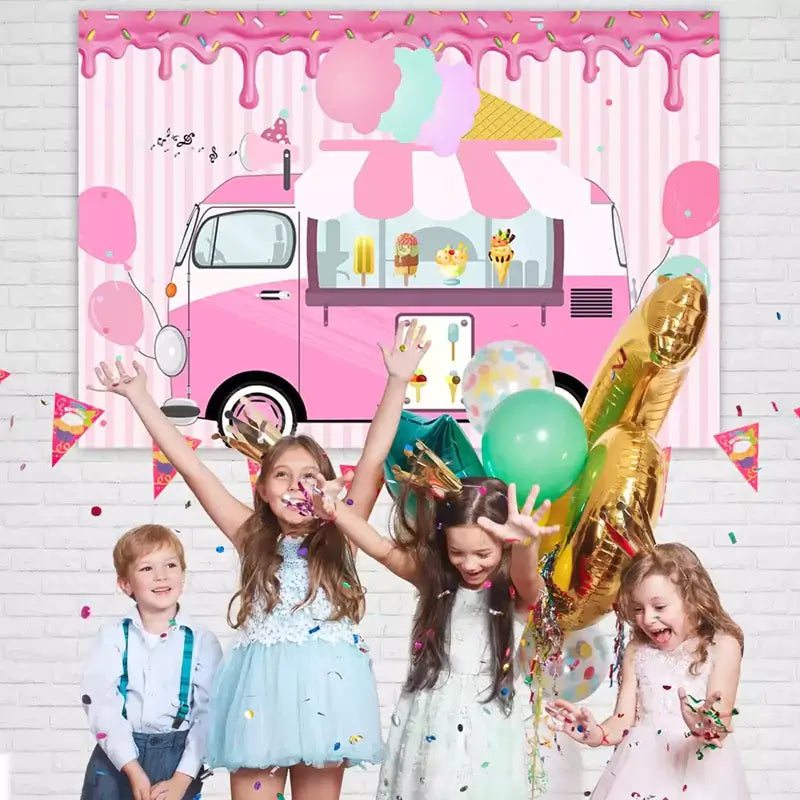 Cute ice cream truck party backdrop with pastel colors, ice cream cones, and cotton candy – ideal for a fun, sugary-themed birthday party
