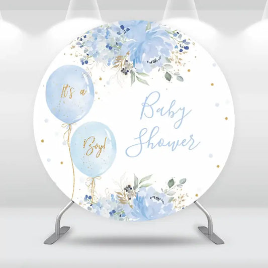 Elegant blue and gold-themed baby shower round backdrop with floral design