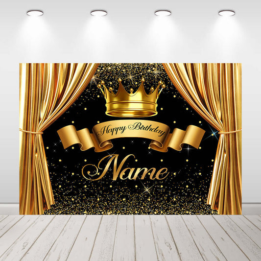 Sensfun Happy Birthday Background Royal Crown Prince Gold Glitter Photo Backdrop Golden Curtain Customize Name Party Decoration Supplies
