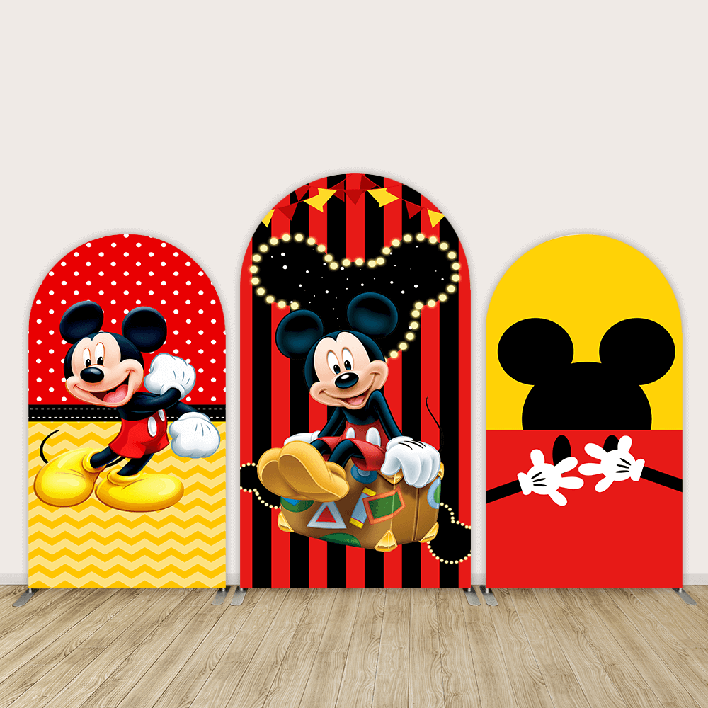 Sensfun Black Yellow Red Mickey Mouse Arch Cover Backdrop for Kids Child Baby Shower Wall Background Doubleside Prints Banner
