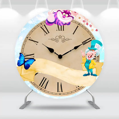 Alice in Wonderland Theme Round Backdrop Banner Clock Tea Party Baby Shower Background for Birthday Party Cake Table Decoration