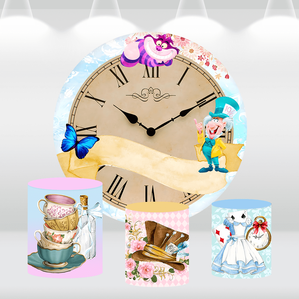 Alice in Wonderland Theme Round Backdrop Banner Clock Tea Party Baby Shower Background for Birthday Party Cake Table Decoration