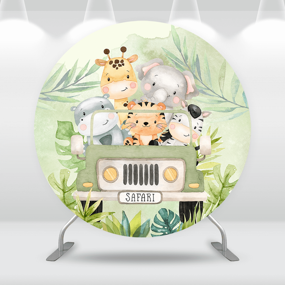 Safari Party Baby Shower Decoration for Kids Round Backdrop Cover Cartoon Animals Wild One Circle Photography Background Cake Table Banner