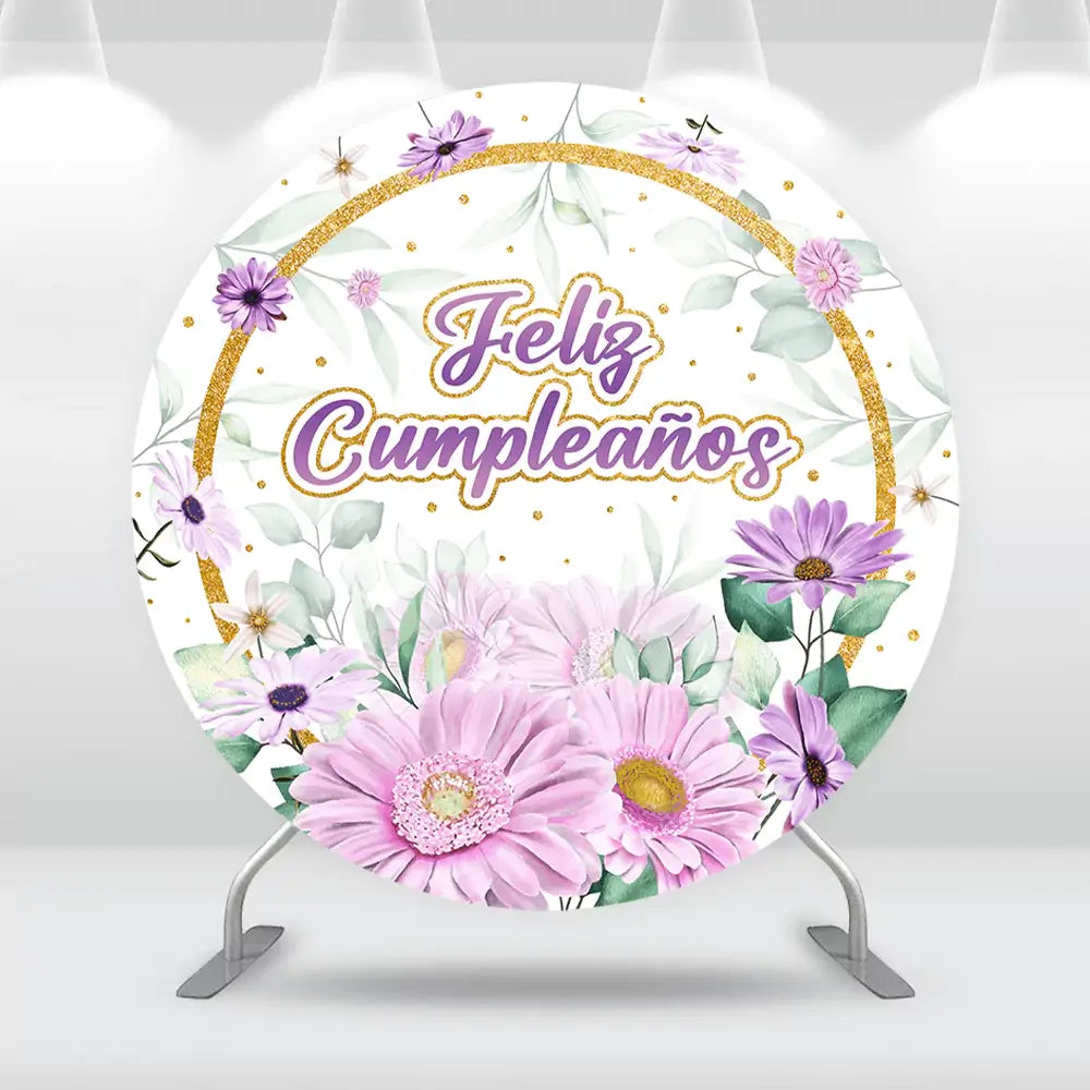 Purple Lilac Floral Quinceañera Crown Round Backdrop Cover Happy Birthday Circle Photography Background Photobooth Table Cylinder Banner