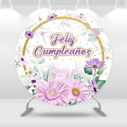 Purple Lilac Floral Quinceañera Crown Round Backdrop Cover Happy Birthday Circle Photography Background Photobooth Table Cylinder Banner