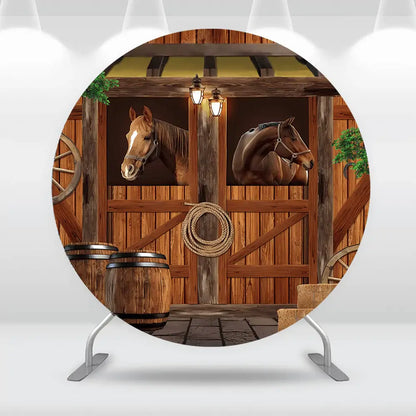 Western Cowboy Round Circle Backdrop Cover Rustic Farm Wooden Barn Door Birthday Photo Background Candy Table Cylinder Covers