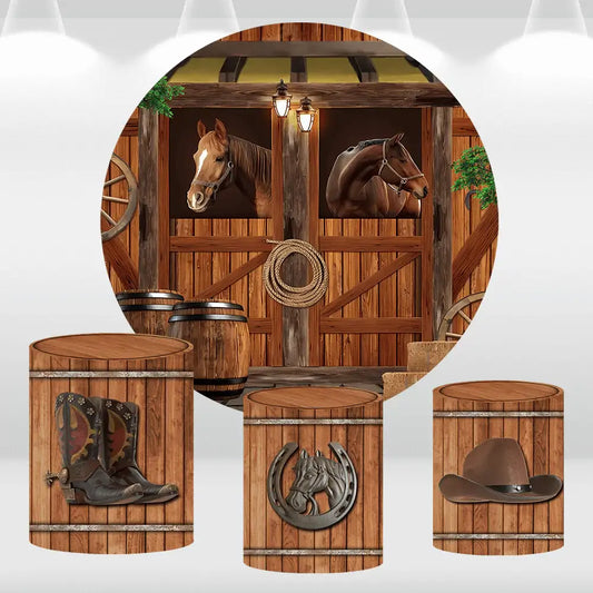 Western Cowboy Round Circle Backdrop Cover Rustic Farm Wooden Barn Door Birthday Photo Background Candy Table Cylinder Covers