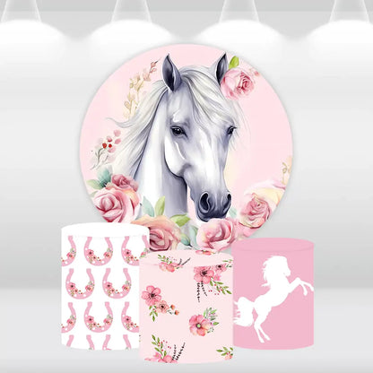 Western Pink Cowgirl theme Round Backdrop for Photography Princess Girl Birthday Circle Background Cake Table Cylinder Covers