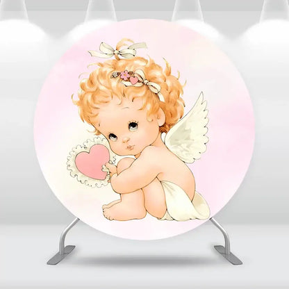 First Holy Communion Party Round Circle Backdrop Cover Girl Baptism Portrait Photo Background Props Bird Angel Cake Table Banner