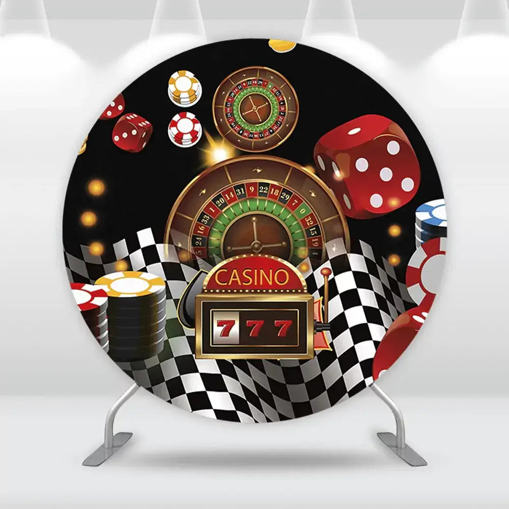 Casino Night Round Backdrop Cover Las Vegas Chips Roulette Poker Dice Cake Table Cylinder Cover Birthday Party Photo Background