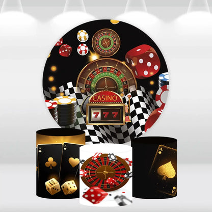 Casino Night Round Backdrop Cover Las Vegas Chips Roulette Poker Dice Cake Table Cylinder Cover Birthday Party Photo Background