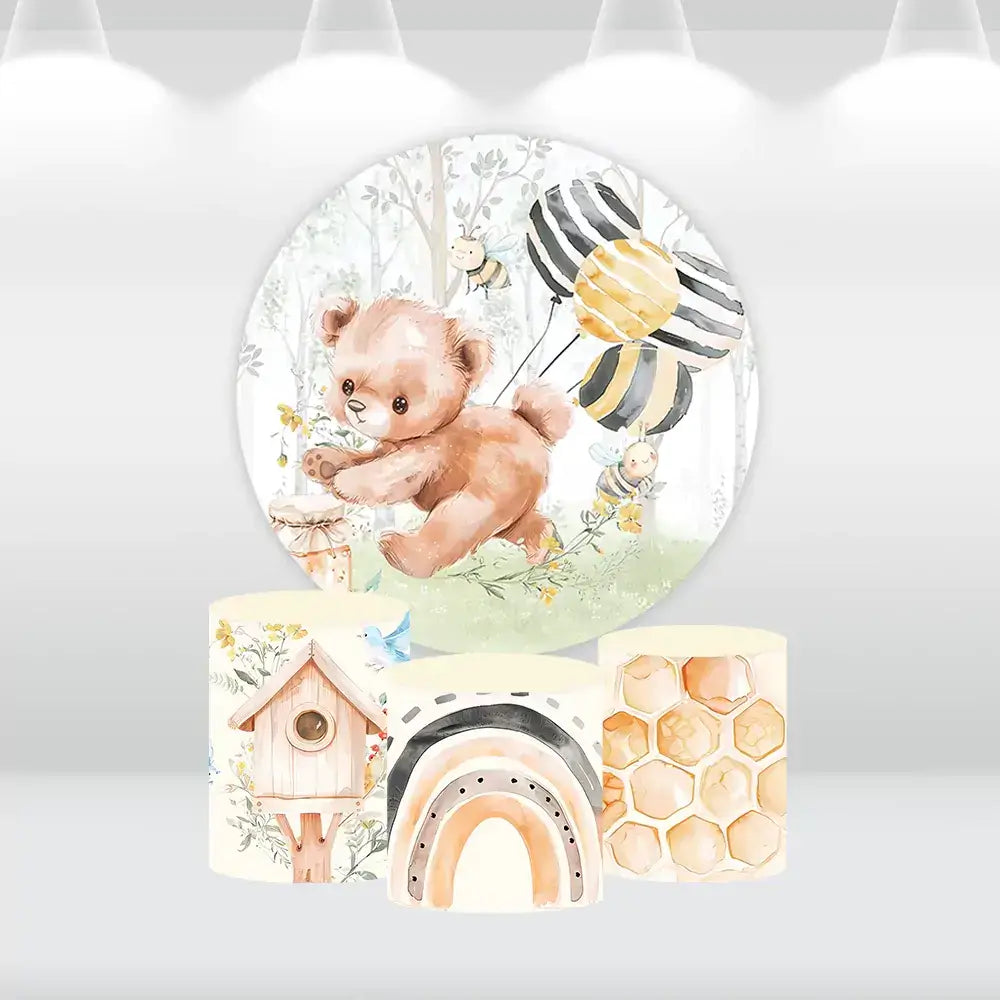 Watercolor Bee Bears Honey Baby Shower Round Arch Backdrop Cover Forest Bear 1st Birthday Circle Background Cake Table Banner