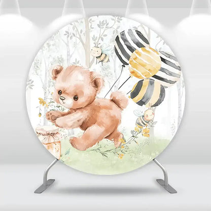 Watercolor Bee Bears Honey Baby Shower Round Arch Backdrop Cover Forest Bear 1st Birthday Circle Background Cake Table Banner