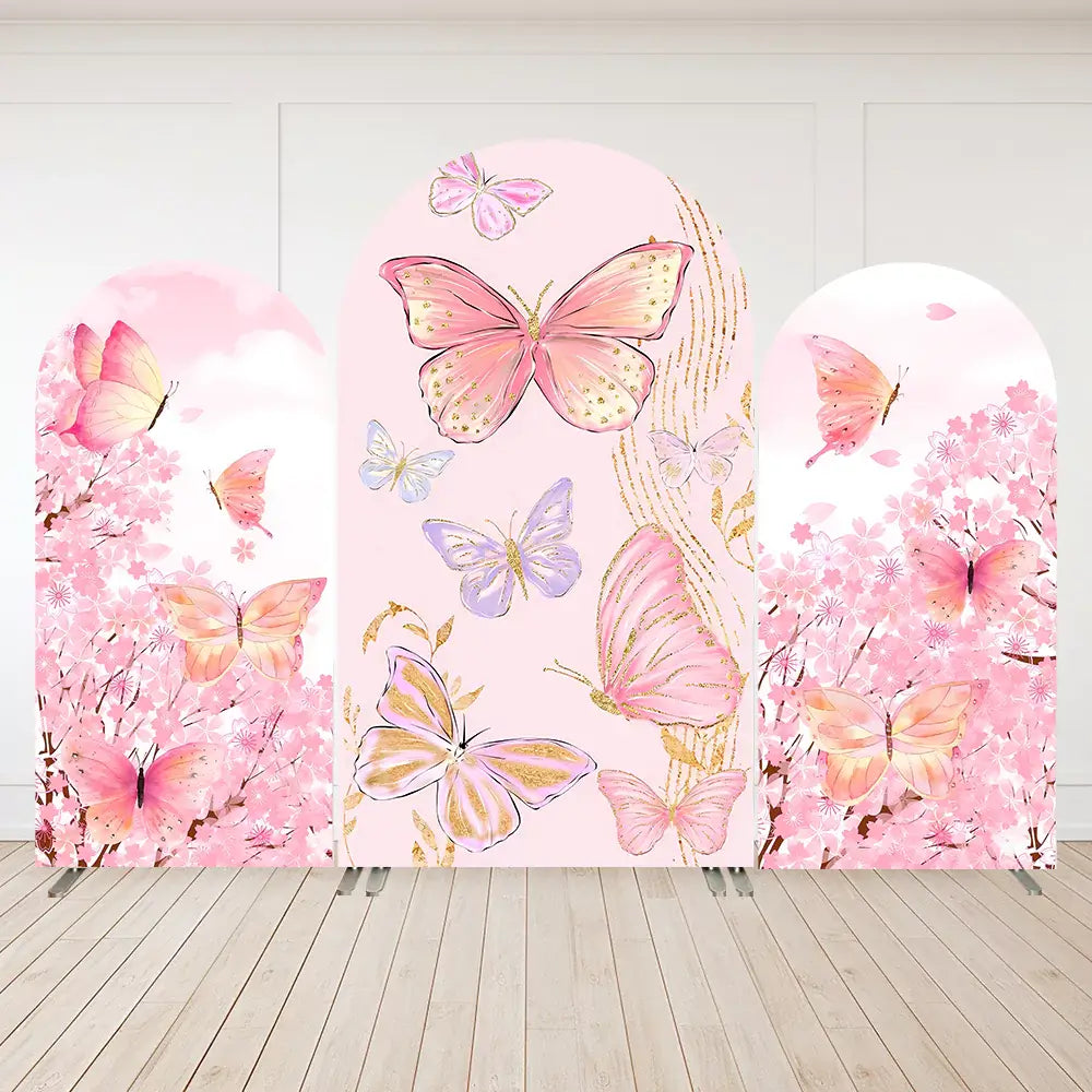 Princess Butterfly Girls Birthday Arch Backdrop Cover Pink Flowers Newborn Baby Shower Arched Wall Background Photobooth Banner