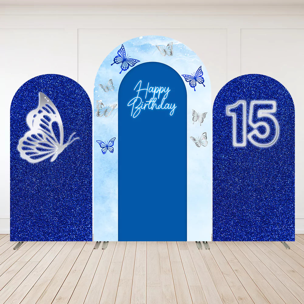 Roya-Blue-Butterfly-Birthday-Arched-Backdrop-Cover-Party-Wall-Custom-Girls-Sweet-15th-Arch-Background-Photobooth Doublesided