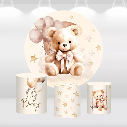 Newborn Baby Shower Teddy Bear Round Backdrop Cover Balloons Oh Baby Kids Birthday Circle Banner Photo Background