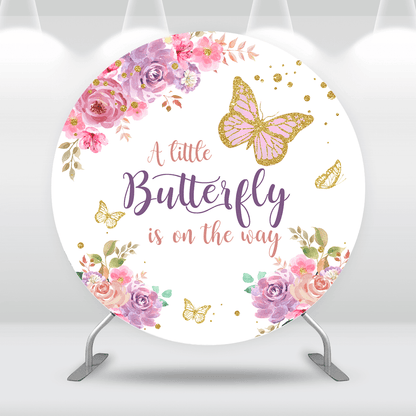 Butterfly Flowers Round Background for Photography Girls Birthday Party Pink Flowers Decoration Cake Smash Circle Cover Backdrop