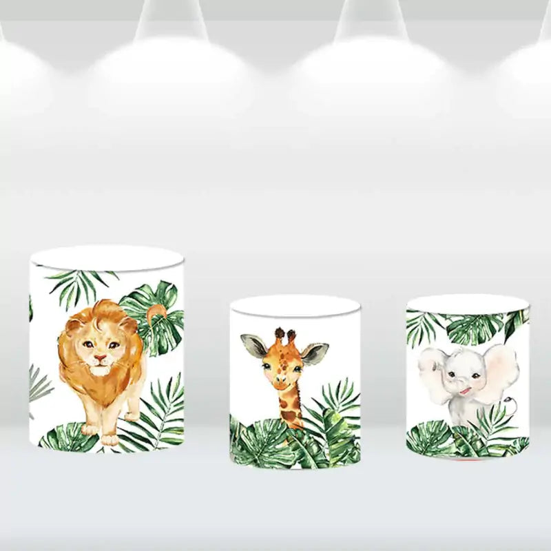 Safari Jungle First Birthday Party Decor - Wild One Backdrop with Animal Cylinder Covers