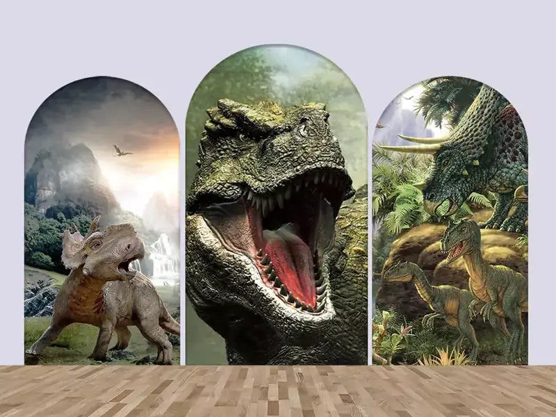 Jurassic-themed arched backdrops set with vivid depictions of dinosaurs in natural settings.