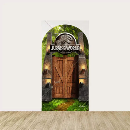 Center panel showcasing the iconic Jurassic Park entrance gates with lush foliage and a pathway leading to the jungle—ideal for dinosaur-themed celebrations.