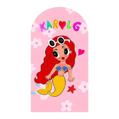 Left arch panel with mermaid and “Karol G” rainbow text on a pink floral background.