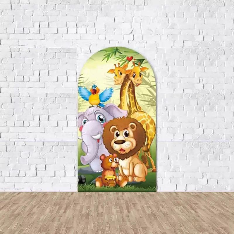 Center arched backdrop featuring a lion, giraffe, elephant, and other animals in a colorful jungle.