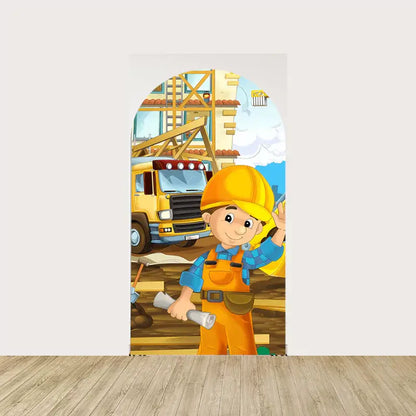 Cartoon builder character in a yellow helmet and orange overalls, standing on a construction site with a dump truck and construction tools.