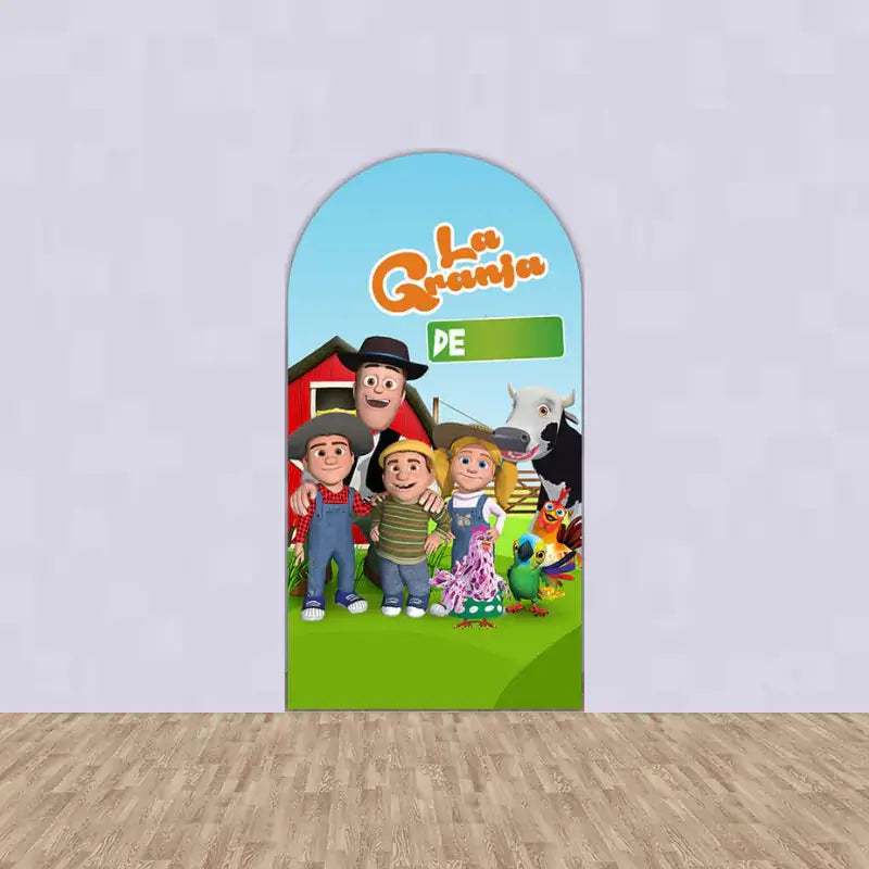 Center arched backdrop with the title 'La Granja,' featuring cartoon family characters, a cow, and a barn in a colorful farm setting.