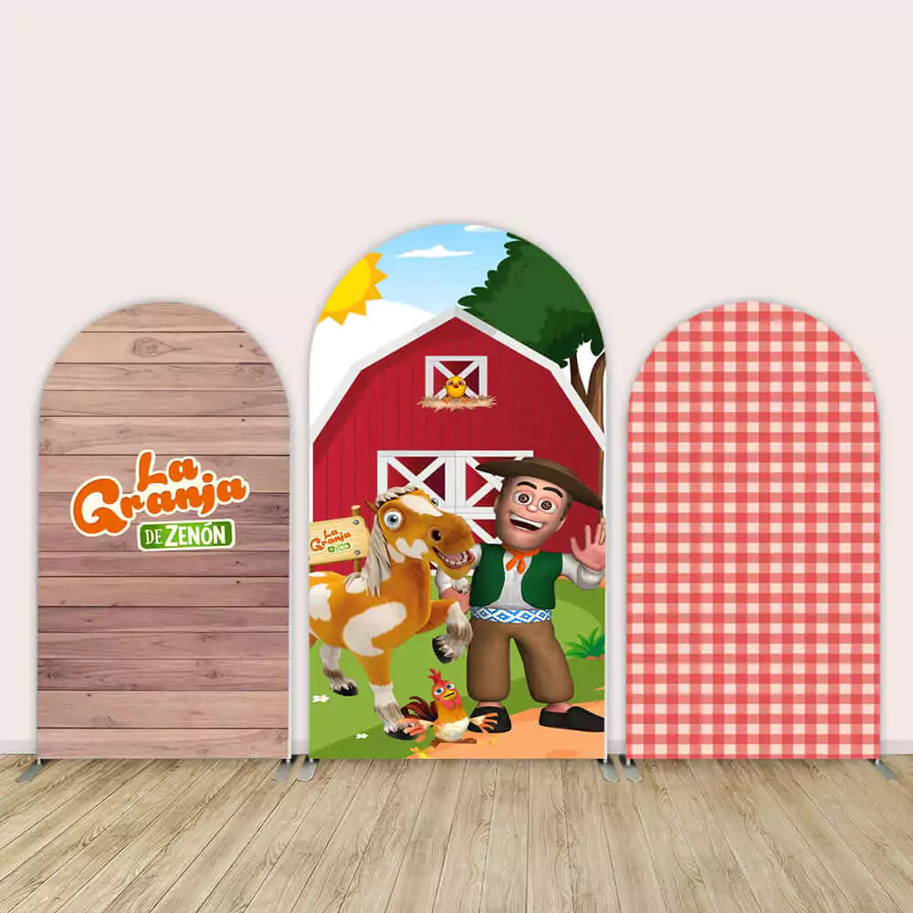 Farm-themed arched backdrop set featuring La Granja de Zenón characters, a red barn, and a wood and gingham design