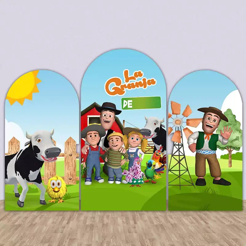 Farm-themed arched backdrop set with Spanish title 'La Granja,' showcasing cartoon characters, animals, and a barn, perfect for kids' events and themed parties.