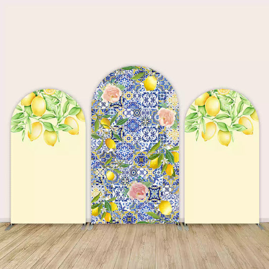 Three-panel arch backdrop with yellow lemons, green leaves, pink flowers, and blue Italian tile patterns—great for garden, bridal, or citrus-themed parties.