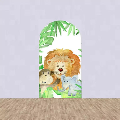 Center panel featuring lion, monkey, and elephant in front of lush green jungle leaves – perfect for wild one or safari birthday decor.