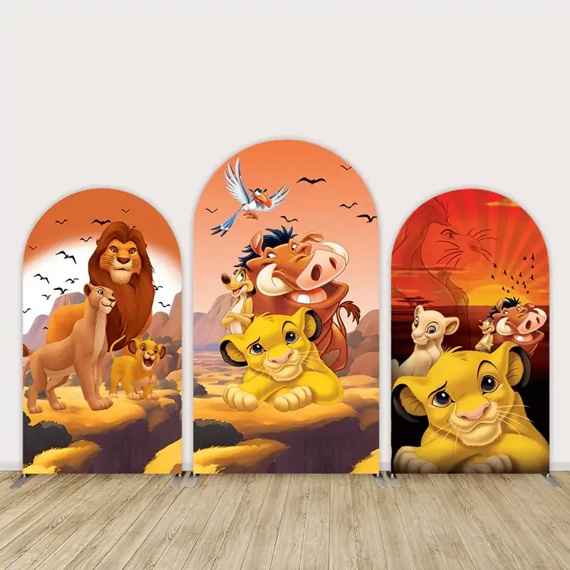 Lion King-themed arched backdrop set featuring Simba, Nala, Timon, Pumbaa, and Mufasa in African savanna scenes