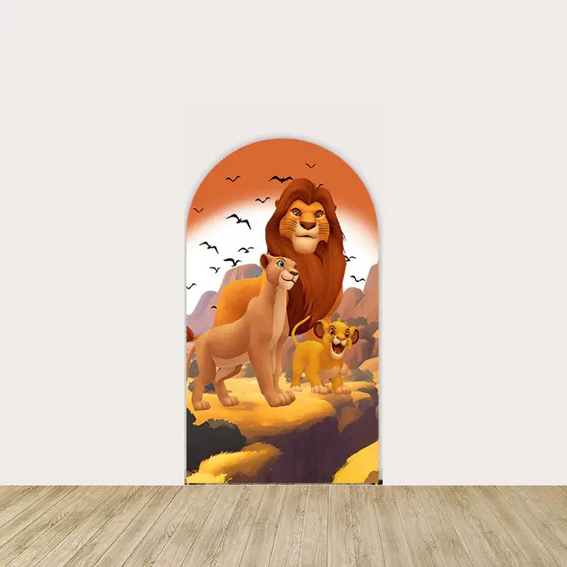 Arched backdrop featuring Mufasa, Nala, and young Simba standing proudly in the African savanna, against an orange sunset sky.