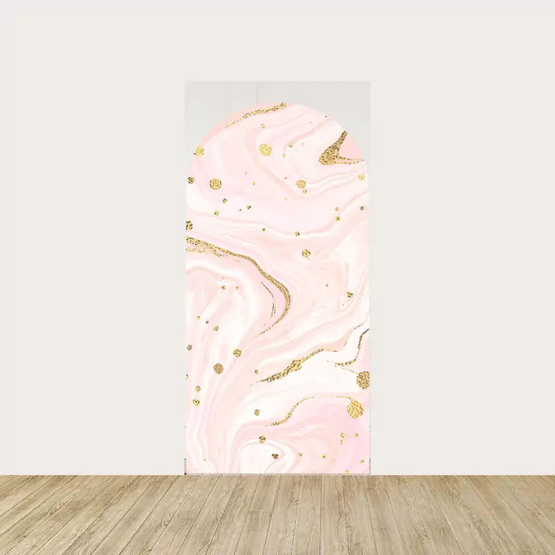  Right panel with swirling pink marble and gold accents, enhancing the luxurious feel of the decor.