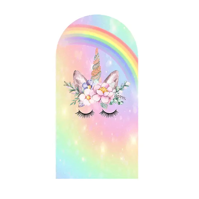 Unicorn horn and ears with a floral crown, set against a rainbow background, ideal as the focal point for a unicorn-themed celebration.