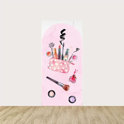 Arch panel with makeup bag, mascara, lipstick, brush, and blush—over soft pink background for glam party styling.