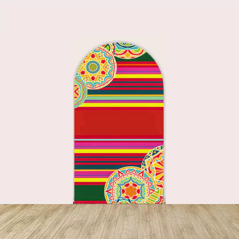 Right panel featuring bright horizontal stripes with decorative mandala-style Mexican patterns in the corners—great for vibrant event decor.