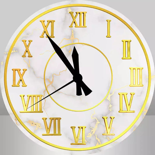 Marble clock backdrop with gold Roman numerals and black clock hands for event decoration