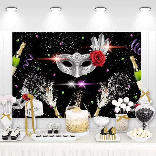 "Masquerade Party" backdrop featuring a silver mask, champagne bottles, and fireworks on a black background, perfect for a glamorous event