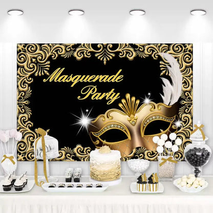 Masquerade party backdrop with black and gold design, ornate golden mask with feathers and jewels – perfect for an elegant or formal masquerade celebration.