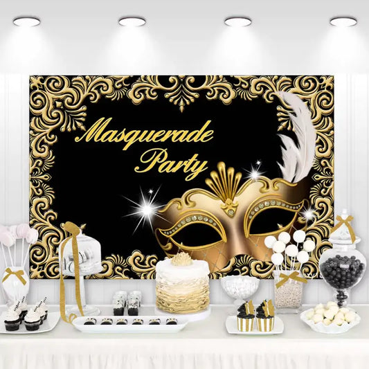 Masquerade party backdrop with black and gold design, ornate golden mask with feathers and jewels – perfect for an elegant or formal masquerade celebration.