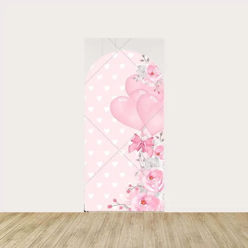 Right backdrop with pink heart-shaped balloons and floral accents on a light pink background, representing a girl theme.