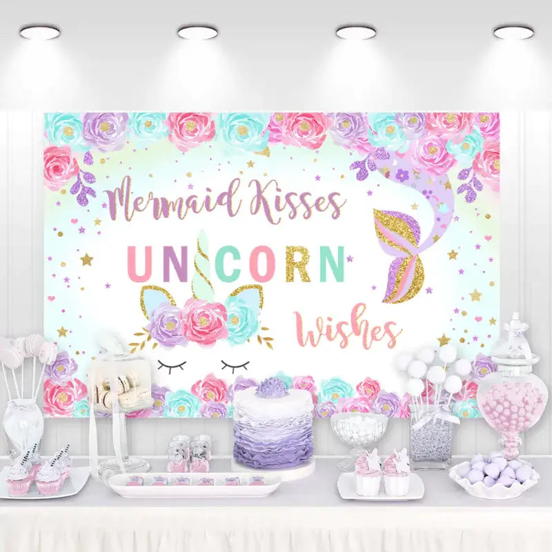 Mermaid Kisses Unicorn Wishes" backdrop featuring pastel colors, floral accents, and glitter, perfect for unicorn and mermaid-themed parties