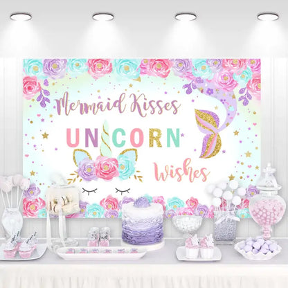 Mermaid Kisses Unicorn Wishes" backdrop featuring pastel colors, floral accents, and glitter, perfect for unicorn and mermaid-themed parties