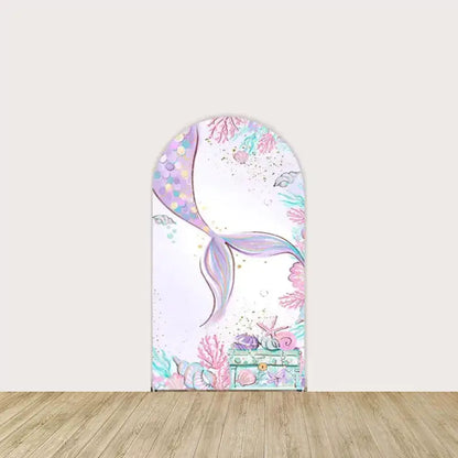 Arch backdrop featuring a colorful mermaid tail with underwater coral, bubbles, and a treasure chest—perfect for girl’s birthday or sea party themes.