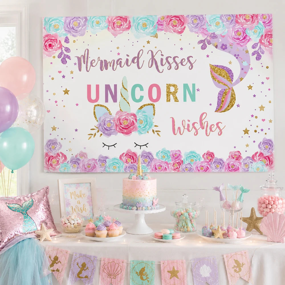 Pastel mermaid and unicorn birthday backdrop with colorful flowers, gold stars, unicorn horn and mermaid tail design.