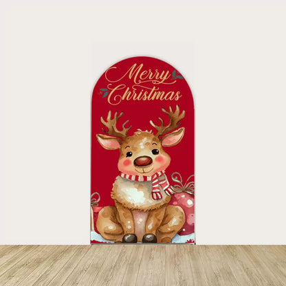 Center arch panel with cute cartoon reindeer wearing scarf, red background, and “Merry Christmas” script—ideal for holiday events.