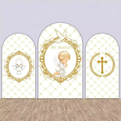Three-panel “Mi Bautizo” backdrop featuring gold accents, a praying baby angel, dove, and golden cross on a white patterned background.