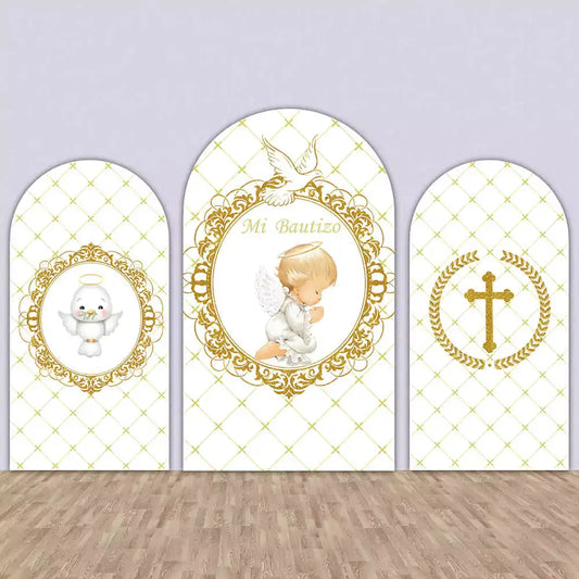 Three-panel “Mi Bautizo” backdrop featuring gold accents, a praying baby angel, dove, and golden cross on a white patterned background.
